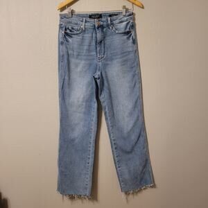 Judy Blue Womens Straight Fit Jeans Size 11/30 Blue Medium Wash Mid Rise Raw Hem